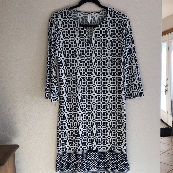 Tacera Dresses & Skirts - Tacera Navy Blue and White Geometric Long Sleeve Dress Size PS
